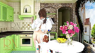 Cheerful maid without panties eats a lot of bananas in the dining room. ASMR 4